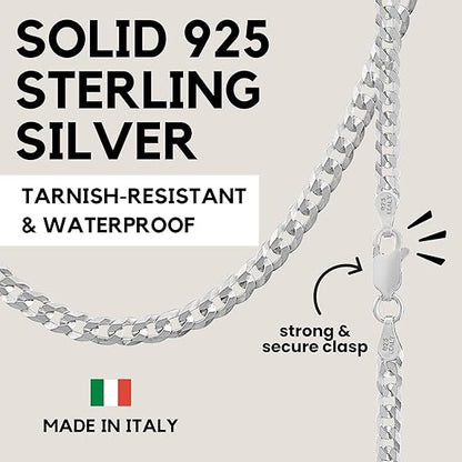 KISPER 925 Sterling Silver chain for men - Diamond Cut 3.5mm Flat Curb Cuban Link Chain Necklace with Lobster Clasp Made in Italy - 24 inch silver chain for men