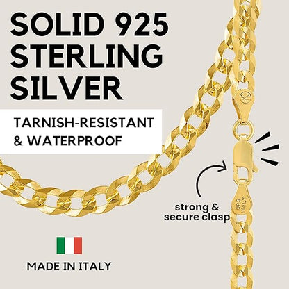 Gold Chain for Men - 925 Sterling Silver Gold Plated Necklace for Men Solid Diamond-Cut 5mm Curb Cuban Link Chain Italian Mens Gold Chain with Lobster Clasp - Made in Italy 20 inches