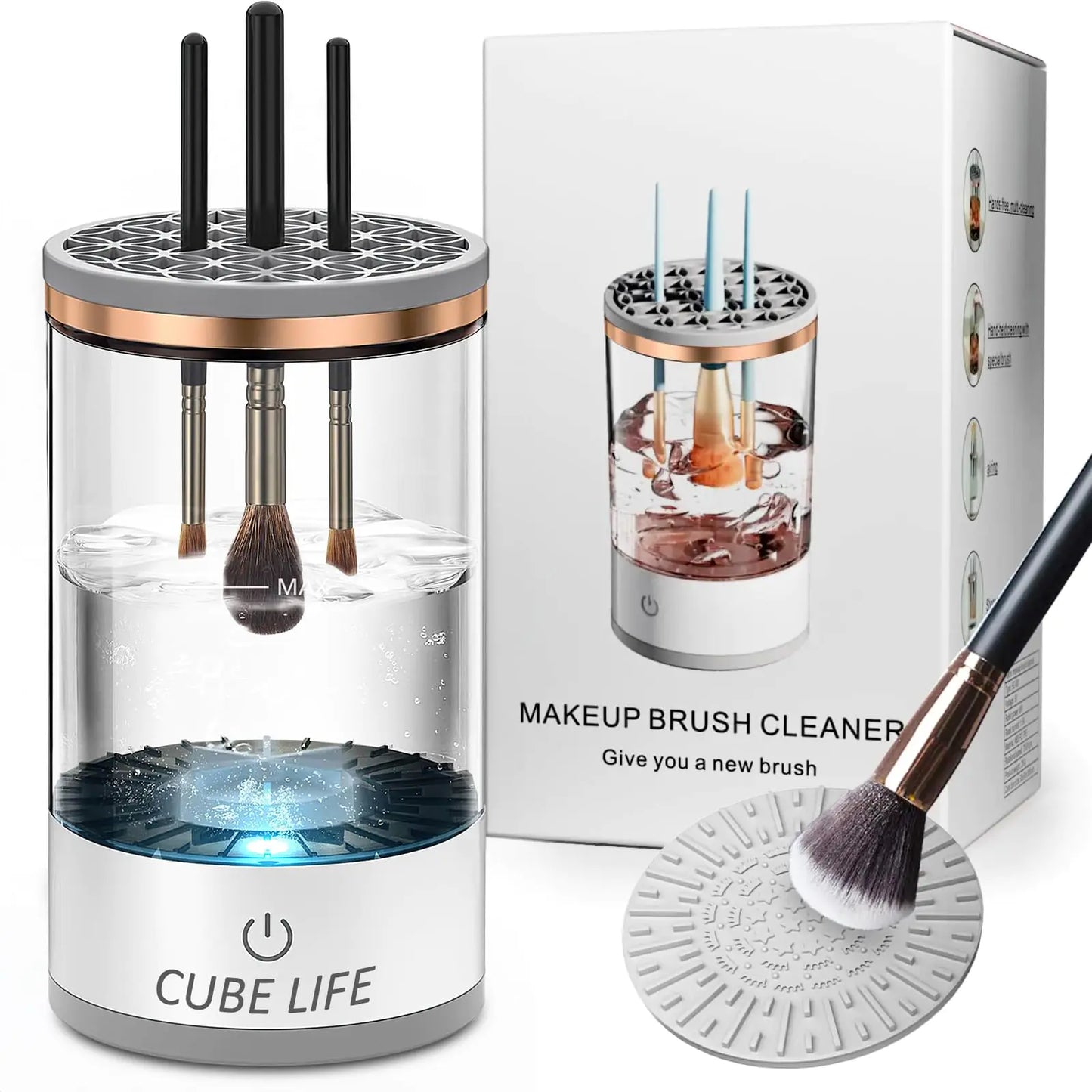 CUBE LIFE Electric Makeup Brush Cleaner 1200mAh Cosmetic Brush Cleaner Machine Protable Electric Makeup Brush Cleaner Automatic Spinning Makeup Brush Cleaner Fit For All Size Makeup Brush