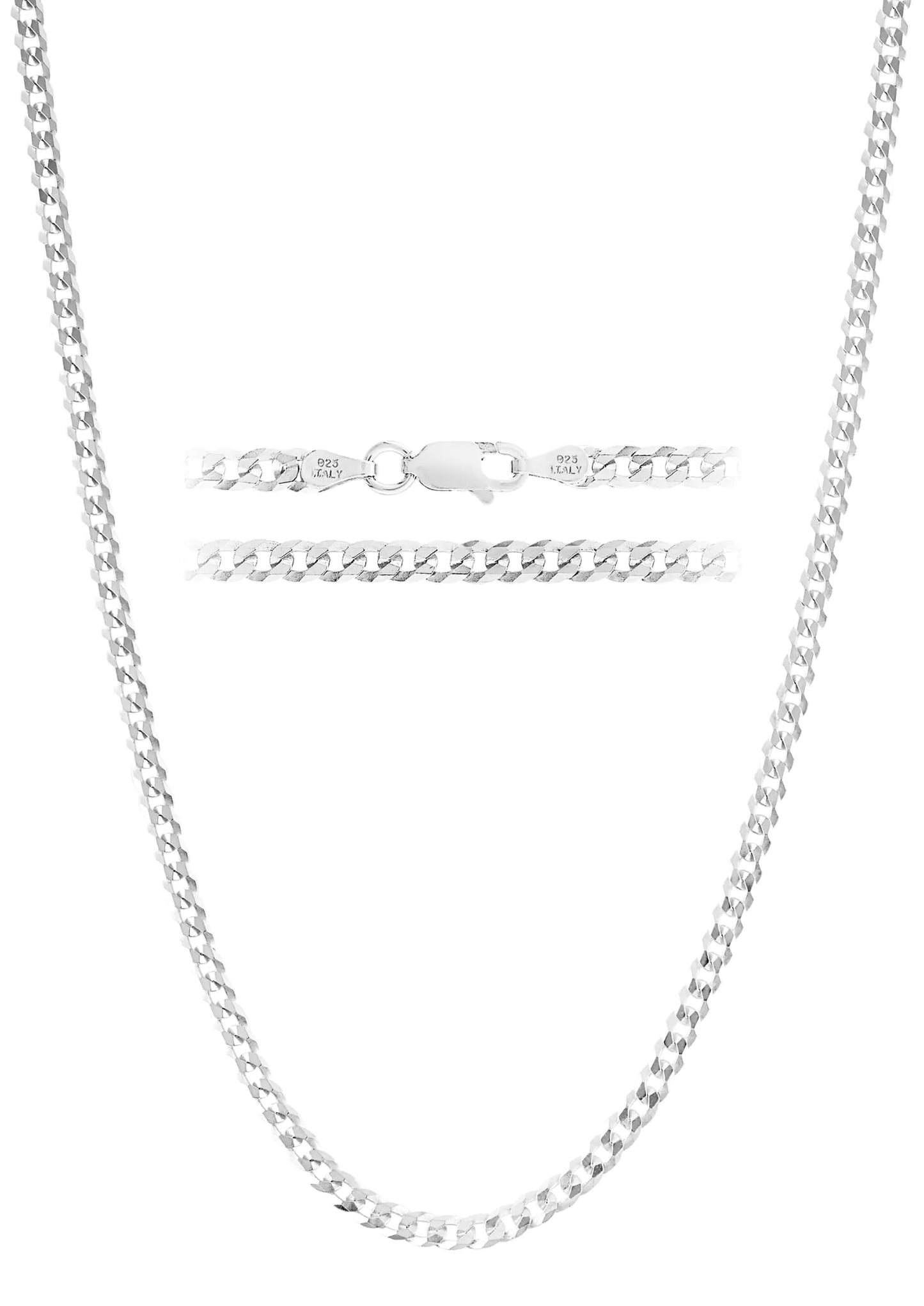 KISPER 925 Sterling Silver chain for men - Diamond Cut 3.5mm Flat Curb Cuban Link Chain Necklace with Lobster Clasp Made in Italy - 24 inch silver chain for men