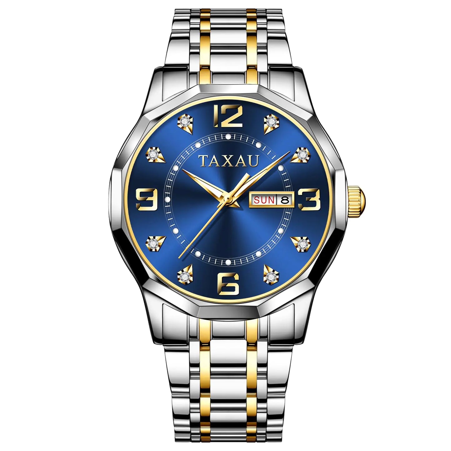 Blue Face Men Stainless Steel Watch with Day Date Mens Two Tone Watches Diamond Luminous Waterproof Men Dress Watch Arabic Numeral Easy Read Quartz Men Watch