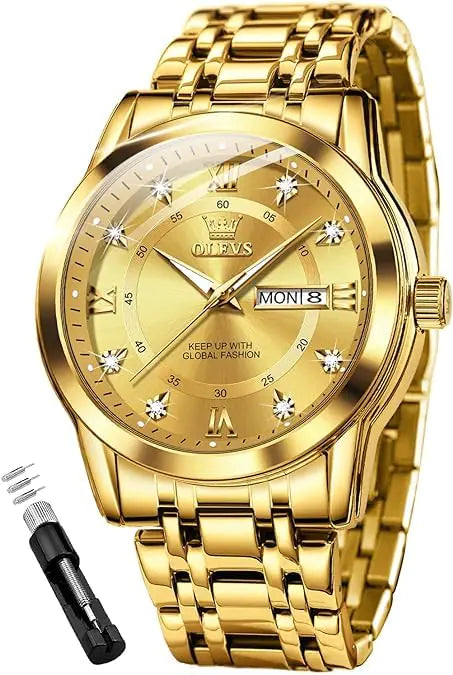 Men Watch Blue Gold Analog Quartz Stainless Steel Waterproof Luminous Date Luxury Casual Watch