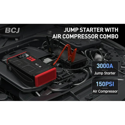 Car Battery Jump Starter 3000A Peak 150PSI Compressor,Portable Jump Box Battery Charger 12V Jumper Cables for 9.0L Gas/8.5L Diesel